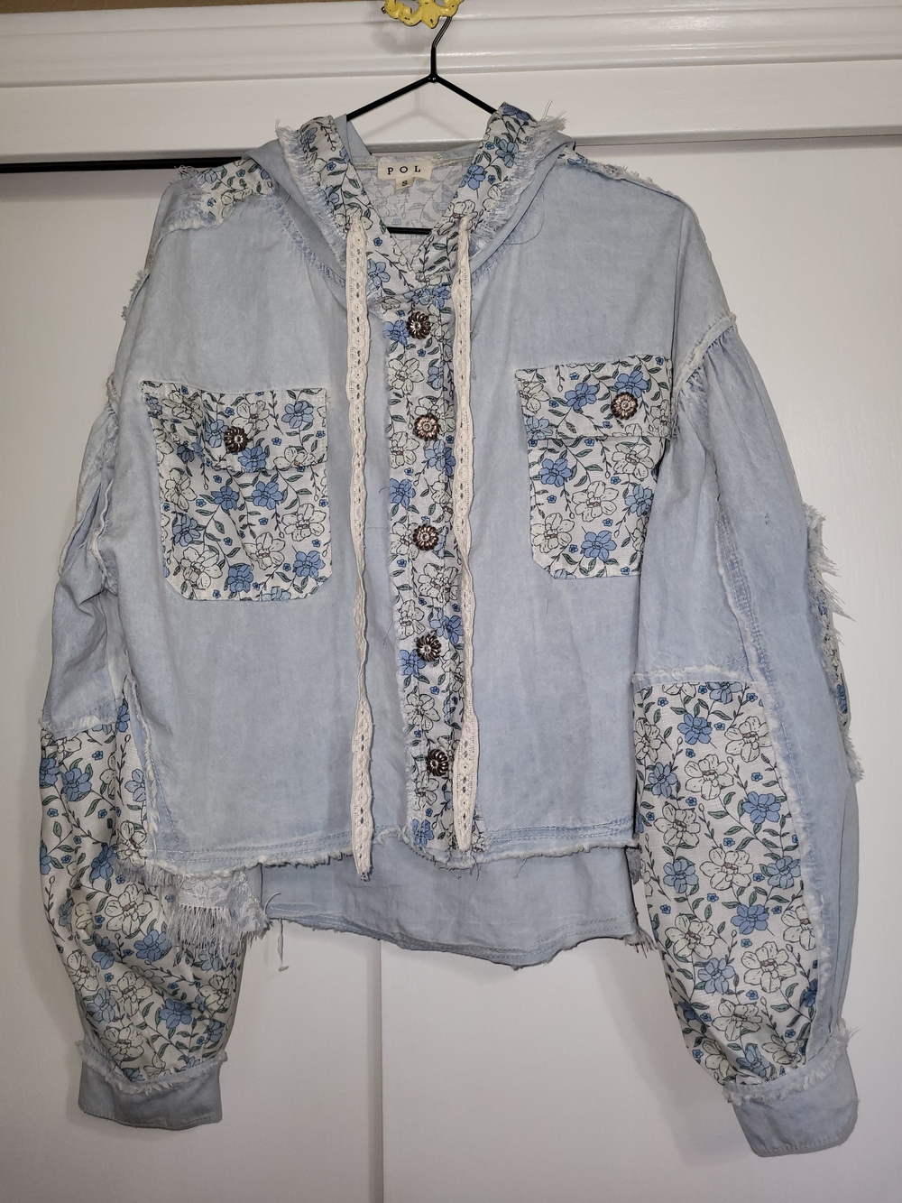 POL Lightweight Pale Blue Floral Patchwork Hooded Jacket Sz Sm